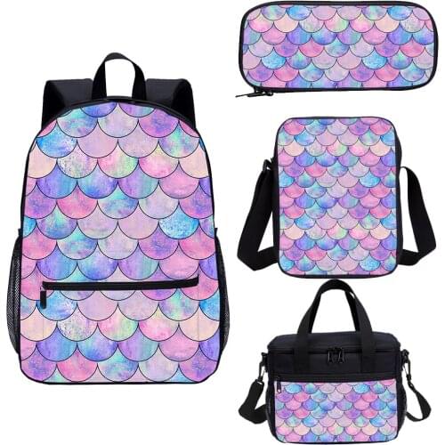 Pink Mermaid Scale Backpack Set 4 Piece 17 Inch Book Bag with Lunch Box for Boys Girls 1-6th Grade Kids Student Back to School