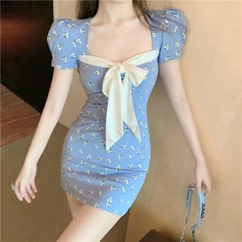 Japanese Sweet Sexy Slim Floral Printed Lady Dress 2020 Summer Vintage Off The Shoulder Square Collar Bow Woman Clothing Female