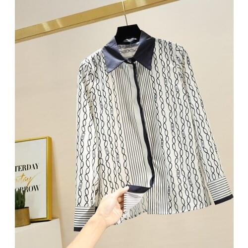 Autumn 2021 New Commuter Temperament Blouse Female Lapel Long-sleeved Wild Blusa Color Matching Striped Chain Print Shirt DK1434