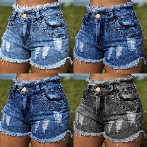 Women Summer Denim Shorts Slim Sexy Ripped Hole Jean Femme Skinny Shorts Tassel Vintage Blue High Waist Jeans Shorts
