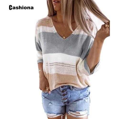 Fashion 2020 Patchwork Stripes Women Knitted Sweaters Spring Autumn Three-Quarter Sleeve Top Sweater Pullovers Women Clothing