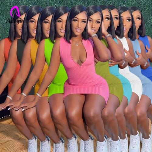 Ribbed Solid Women Mini Dress 2021 Summer Zipper Front Deep V Neck Sexy Sleeveless Club Party Skinny Dresses Workout Vestidos