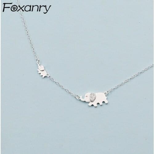 Foxanry 925 Sterling Silver Lucky Elephant Necklace for Women New Fashion Zircon Clavicle Chain Elegant Birthday Party Jewelry