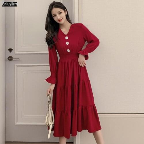Red Button Front Maxi Dress Women Autumn Long Sleeve Elegant A Line V Neck Solid Shift Workwear Dresses