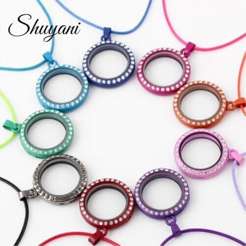 1pcs 25mm Round Colorful Floating Locket with Rhinestone Glass Memory Living Floating charms Locket necklace women with chain