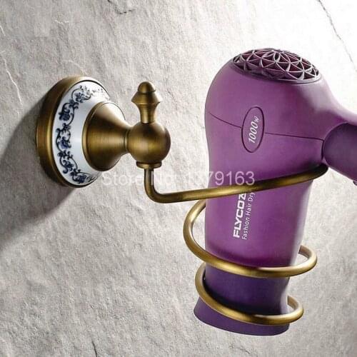 Antique Brass Ceramic Base Hair Dryer Holder Wall Mounted Dryer Holder Bathroom Accessories Bath Hardware aba403