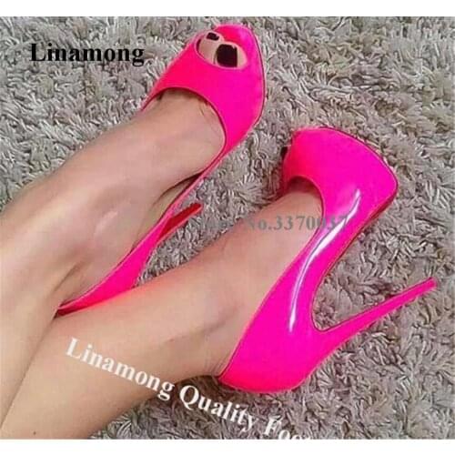 Linamong Brand Design Open Toe Patent Leather High Platform Stiletto Heel Pumps Slip-on Rose Red Nude Red Grey High Heels