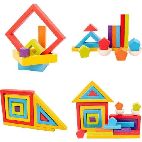 Wooden Rainbow Blocks Large Size Triangle Polygon Square Stacking Game Wood Rainbow Stacker Blocks Montessori Toys For Kids