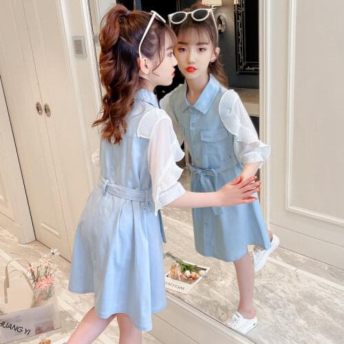 New Fashion Girls Dress With Sashes Patchwork Thin Denim Costume Summer Teenager Single-Breasted School Clothes 5 7 9 11 13Years