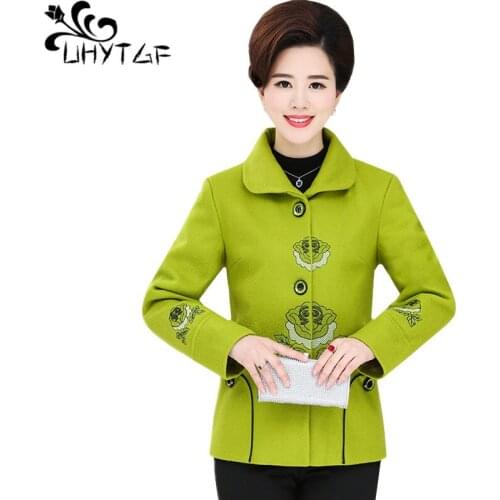 UHYTGF elegant woman coats Fashion embroidery Spring autumn Wool jacket Female casual short outerwear Loose Plus size coat 1325