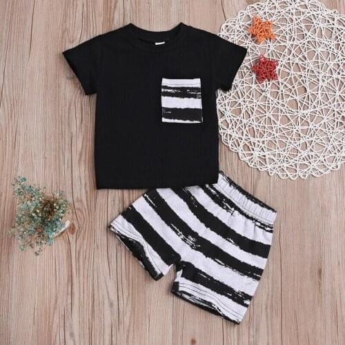 2019 Hot Summer Kids Boy Tshirt+Short 2pcs Set Casual Suit Toddler Kid Children Pocket Decor+Striped Print Clothing Costume 0-2T