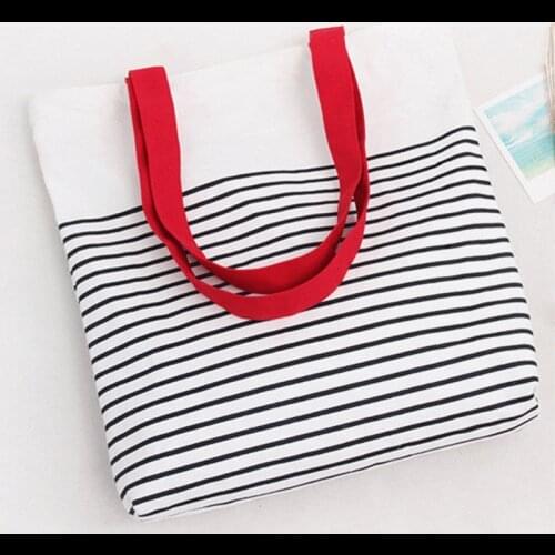 Cotton Stripe Canvas Shopping Tote Shoulder Carrying Bag Eco Reusable Bag Zippered Small Shopping Bag