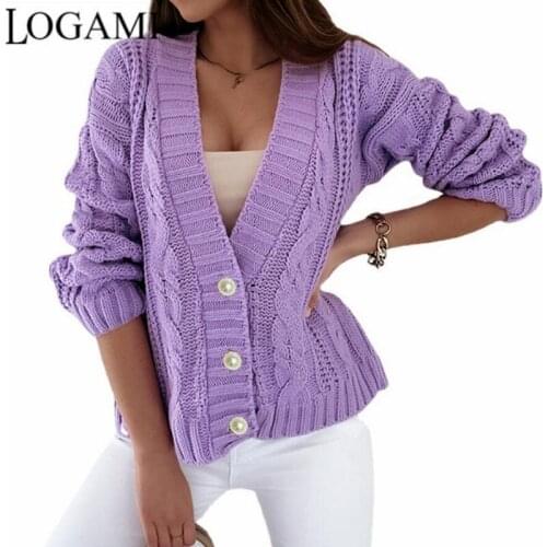 LOGAMI Autumn/Winter 2021 New Thick Thread Twisted Button Sweater Cardigan Women Deep V Neck Knit Cardigans