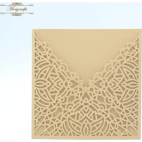 Laser cut floral pocket wedding invitations champagne gold