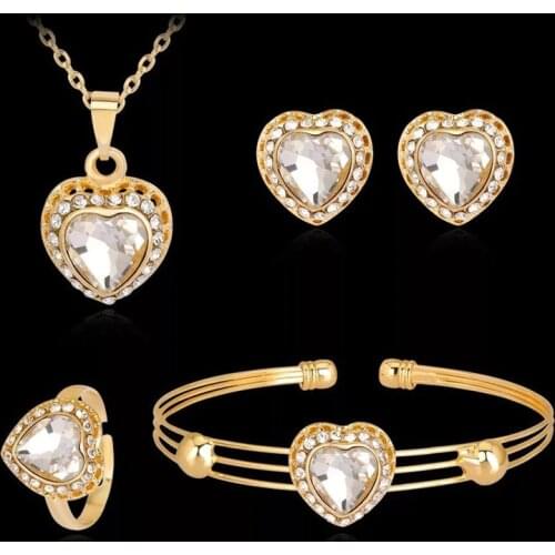 Colorful Heart Cubic Zirconia Wedding Jewelry Sets Luxury Crystal Bridal Necklace Earrings Bracelet Ring Gold Color Jewelry Set