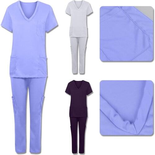 Nurse Uniform Set Women Men Short Sleeve V-neck Tops Working Uniform Blouse Scrubs Workwear Nursing Women Scrubs Pants Elastic
