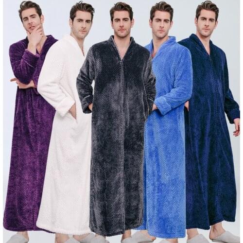 Men Sleepwear Winter Plus Size Long Warm Coral Fleece Bathrobe Hooded Flannel Zipper Bath Robe Night Dressing Gown Women Pijamas