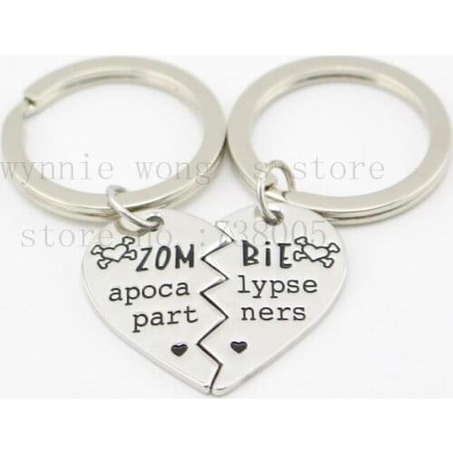 2015 new style broken heart "Zombie Apocalypse Partners"Best Friend Couples Hand Stamped Keychain Set &necklaceThe Walking Dead