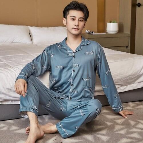 Autumn Mens Pajamas Print Cardigan Knitted Cotton Long Sleeve Homewear Set 3XL Plus Size 2pcs Night Sets Mens Winter Pajamas