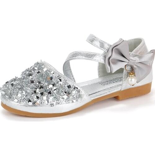 Prcincess Girls Shoes With Rhinestone Bow-knot Buckle Pearl Pendant Wedding Sweet Kids Flats Bling Children Shoes Party Show