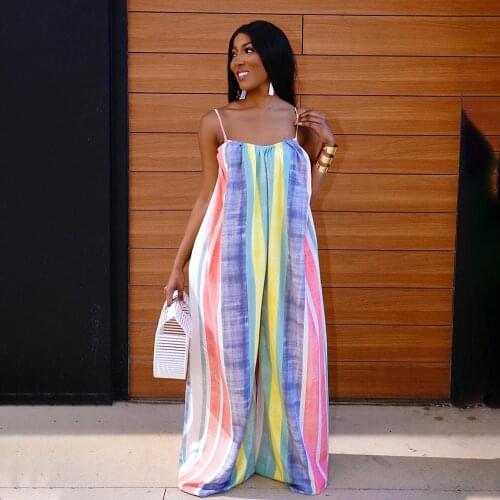 Plus Size WomenS Casual Suit Summer Sleeveless Backless Rainbow Striped Sling Wide Leg Floor Length Jumpsuit