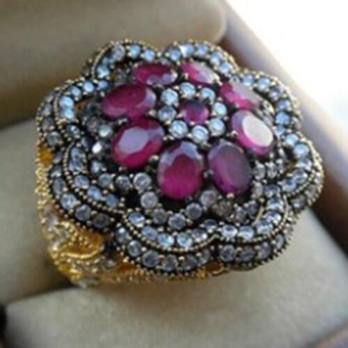 Luxury Gold Plated Red Zircon Wedding Ring Red/White Gems Crystal Cocktail Womens Ring Bridal Ring Engagement Jewelry Xmas Gift