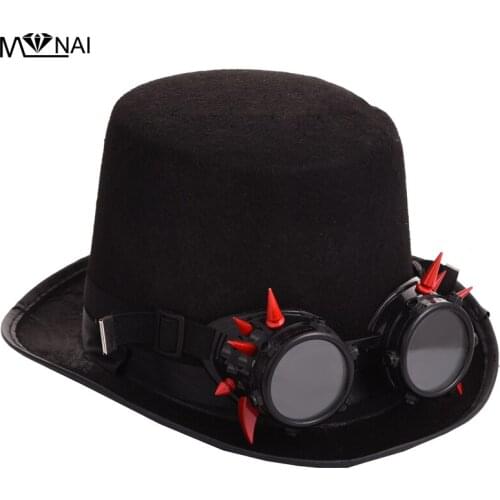 Black Fedora Steampunk Victorian Top Hat For Women Men Steam Punk Rivets Glasses Hat Millinery Steampunk Red Spikes Goggles Hat