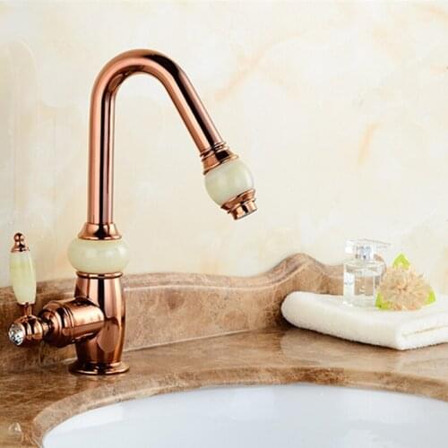 LIUYUE Basin Faucets Rose Gold Brass Pull Out Bathroom Luxury Basin Faucet With Jade Shower Head Cold Hot Water Sink Mixer Taps