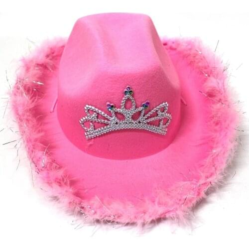 WZCX Rhinestone Feather Pink Cowgirl Hat Holiday Costume Sequins Wide Brim Women Girl Fashion Cowboy Cap Party Hat