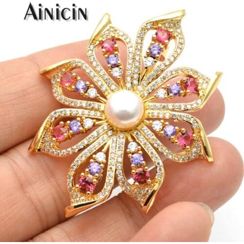 Flower Shape Colorful CZ Stone Setting Brooch Pin Natural Freshwater Pearl Inlay Fashion Women Mothers Gift Jewelry