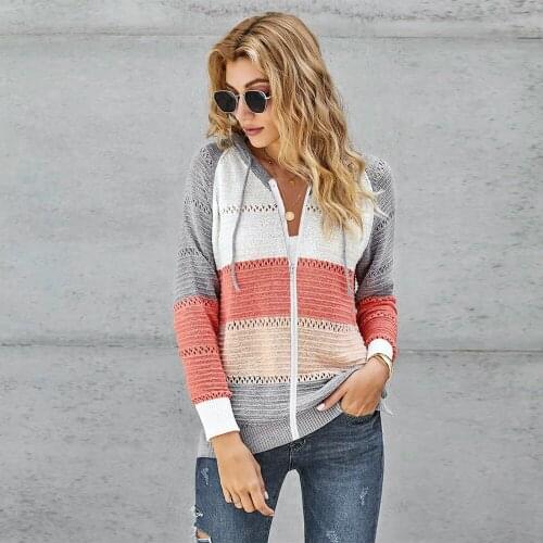 Women Autumn V Neck Patchwork Hooded Sweatshirt Long Sleeve Casual Loose Knitted Zipper Cardigan Top Striped Pullover Jumper