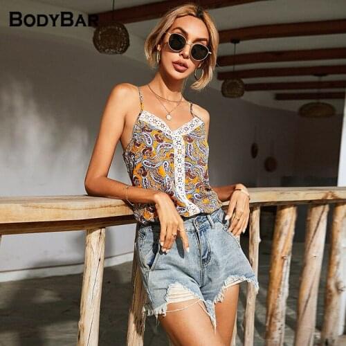 Vintage Ladies Lace Stitching Sling V-neck Sleeveless Printed T-shirt 2021 Casual Fashion Vest Summer Beach T Shirts For Female