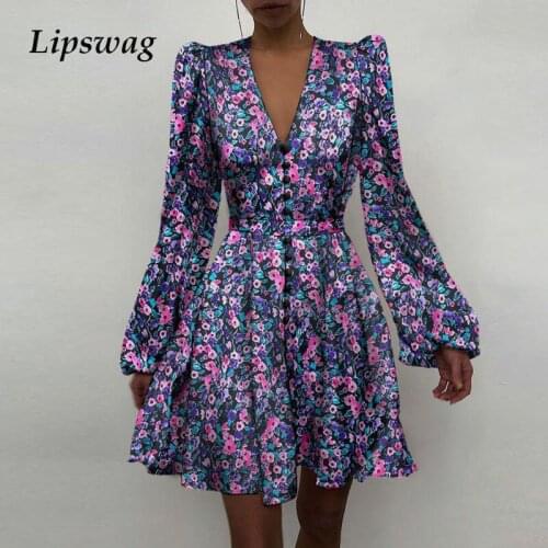 Women Satin Floral Print Long Sleeve Dress 2021 Spring Elegant Button A-Line Dress Ladies Autumn Sexy V-Neck Party Dress Vestido
