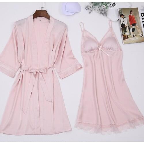 Ladies Elegant Silk Satin Robe Set Half Sleeve Bathrobe & Sexy Nightdress Lace Sleepwear Set Fashion Twinset For Women
