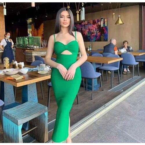 2021 Summer New Womens Pure Color Sexy Sling Hollow Design Elegant Bandage Dress Celebrity Club High Quality Ladies Dress