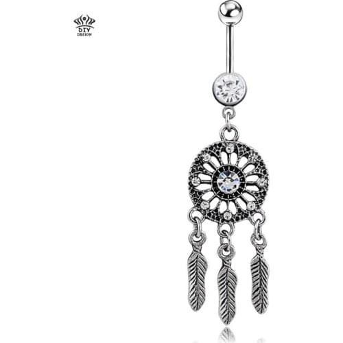 Women Crystal Rhinestone Dream Catcher Body Belly Button Navel Ring Bar 316L stainless steel navel bar body piercing jewelry