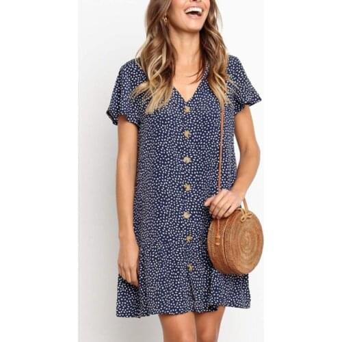 Women Fashion Retro Printed Dress Women short Sleeved V-Collar Front Button Ruffle Hem Sundress Collar Casual Slim Floral Dresse