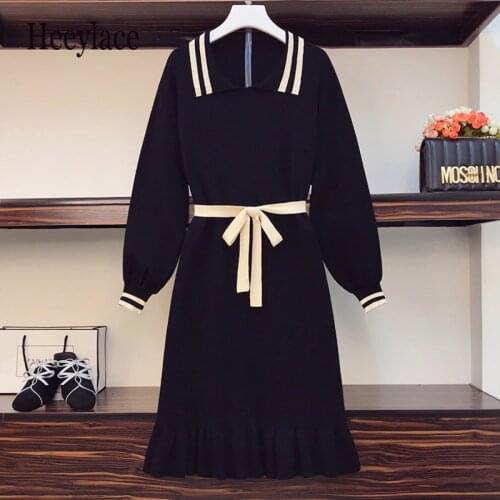 Plus size women fall winter warm knitted sweater dresses long sleeve vintage black dresses autumn fashion ruffles mermaid dress