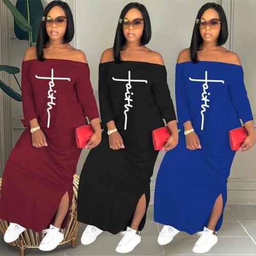 Zoctuo Slash Neck Casual Womens Dresses Knitted Print Bodycon Dress With Slits On Both Sides Long Vestidos