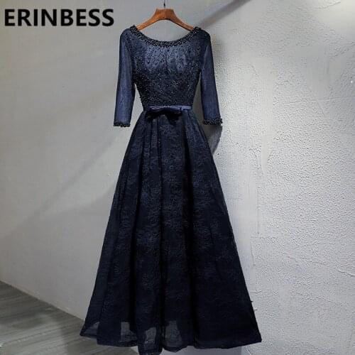 Navy Blue Vestido De Festa Vintage Lace Beaded African Prom Dresses A Line Scoop Neck 3/4 Sleeve Evening Gowns Real Photos