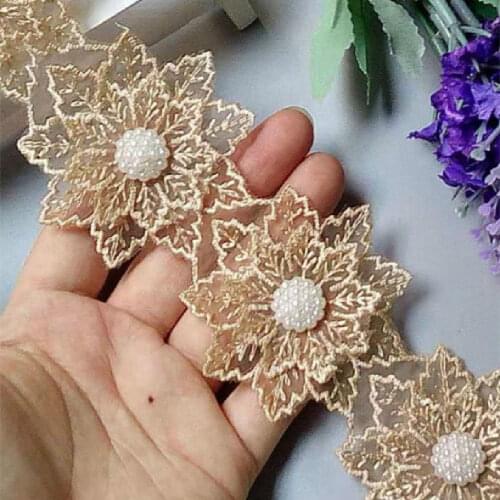 10x Glod Pearl Handmade Beaded Flower Embroidered Lace Trim Ribbon Double Layered Applique Dress DIY Sewing Craft 6cm New