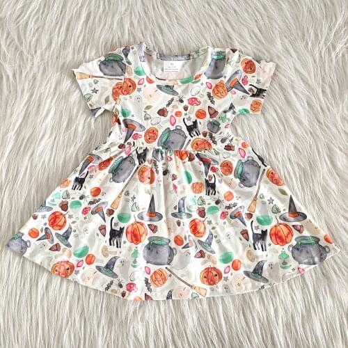 Hot sell kids halloween dress girl pumpkin pattern twirl dresses high quality short sleeve frocks