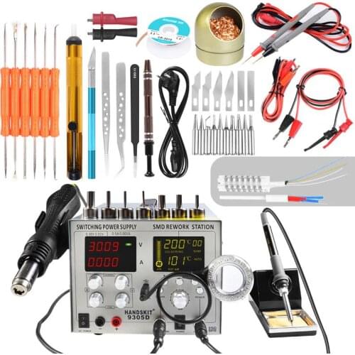 9305D 4in1 Hot Air Rework Station + Soldering Iron Station+30V 5A DC Switching Power Supply+DC 5V 2A USB SMD Hot Air Gun