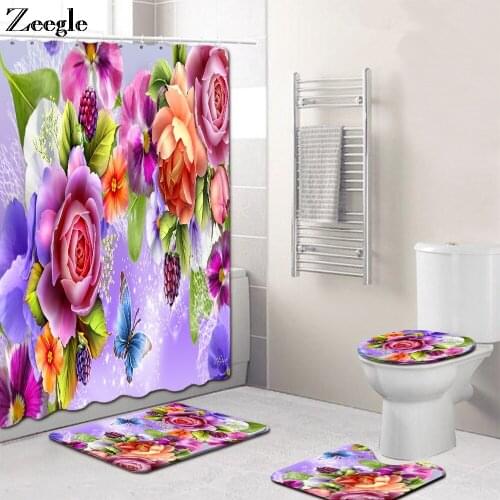 Home Decor Bath Mat Set Anti-slip Toilet Foot Mat Absorbent Toilet Seat Cover Mat Waterproof Shower Curtain Set Bathroom Carpet