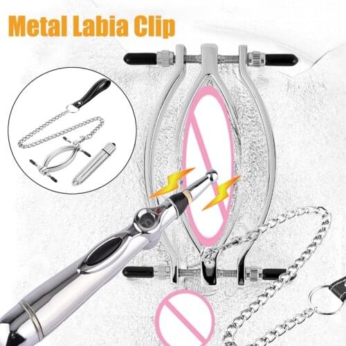 Electric Shock Vagina Pen Labia Clip Nipple Clamp Clit Stimulator Vibrator Vagina Speculum SM Bondage Shame Game Female Sex Toys