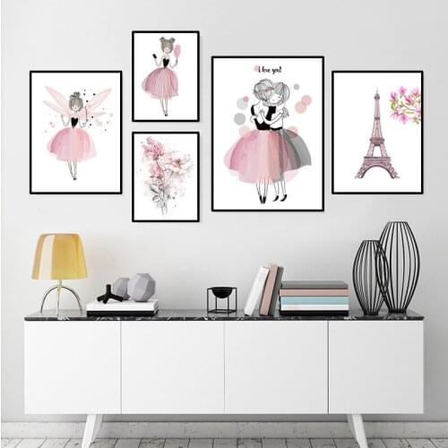 Pink girl canvas painting cartoon girl picture wall art poster infant room wall prints nordic tower for bedroom HD2922
