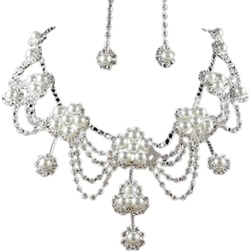 80% Hot Sale Womens Luxury Rhinestone Faux Pearl Necklace Earring Wedding Bridal Jewelry Set