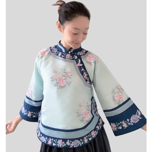 Spring summer Chinese style Jacket traditional women clothes coat retro style flat cut big sleeve cheongsam short qipao Top