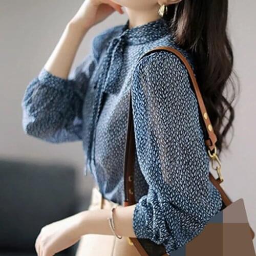 Sweet commuter long sleeve silk printed Ribbon Shirt white blouse women camisa cuadros tops mujer Chiffon