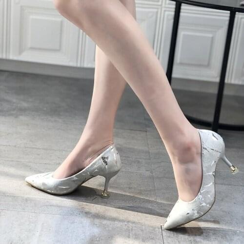 Marble Pattern Decoration Dress High Heels Boat Wedding Zapatos Mujer Plus Size 2020 Hot Women Shoes Pointed Toe Pumps U18-67